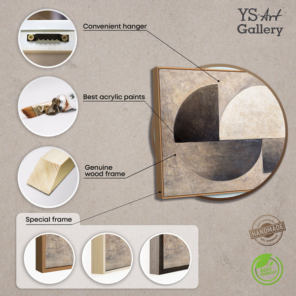 Cuadros enmarcados pintados a mano – Decoración de pared moderna en beige «Dueto de Semicírculos»