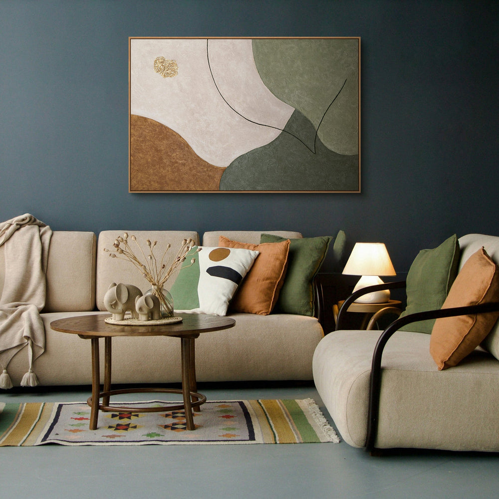 Mural moderno en acrílico pintado a mano en verde y beige “El Susurro de los Valles”