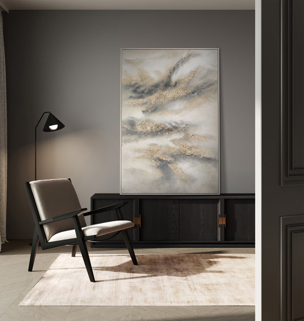 Pintura acrílica pintada a mano en gris y dorado – Decoración abstracta para pared “Melodía de nubes”