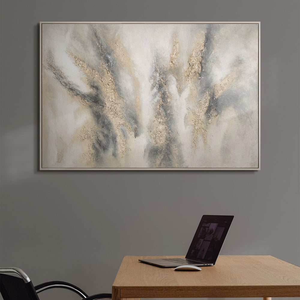Cuadro abstracto en beige y gris: lienzo texturizado con marco «Melodía de las nubes»