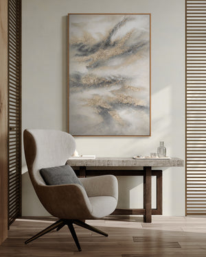 Pintura acrílica pintada a mano en gris y dorado – Decoración abstracta para pared “Melodía de nubes”