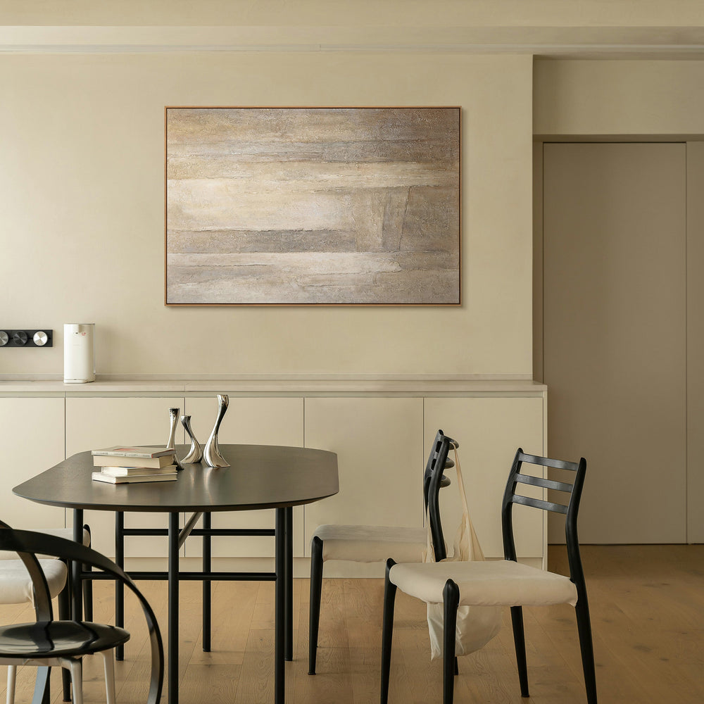 Pintura acrílica abstracta sobre lienzo en gris beige “Verticales del Tiempo”