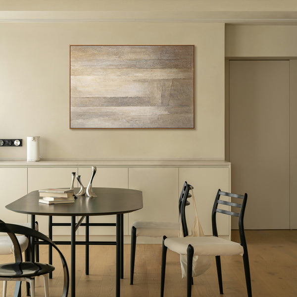 Pintura acrílica abstracta sobre lienzo en gris beige “Verticales del Tiempo”