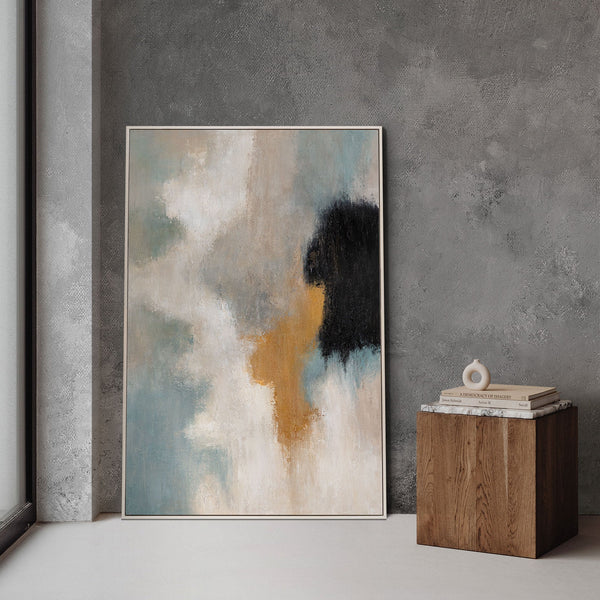 Cuadro acrílico enmarcado “Transiciones de luz” – Arte abstracto para pared en azul y dorado