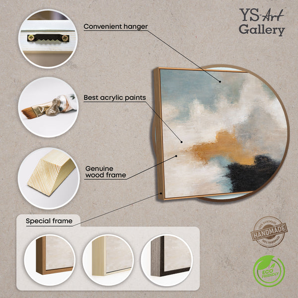 Cuadro abstracto con marco - Arte mural moderno en beige, azul y dorado "Transiciones de luz"