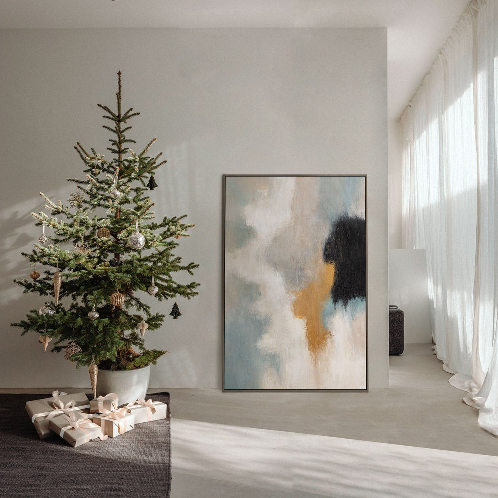 Cuadro acrílico enmarcado “Transiciones de luz” – Arte abstracto para pared en azul y dorado