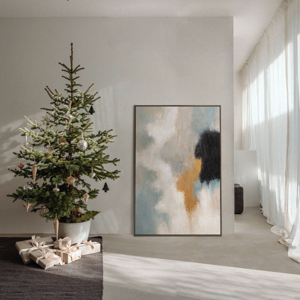 Cuadro acrílico enmarcado “Transiciones de luz” – Arte abstracto para pared en azul y dorado