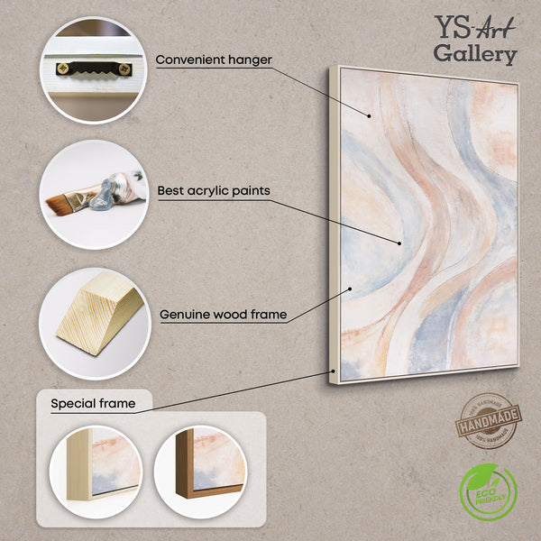 Cuadro abstracto en lienzo, beige y azul – cuadro texturizado enmarcado «Líneas de viento»