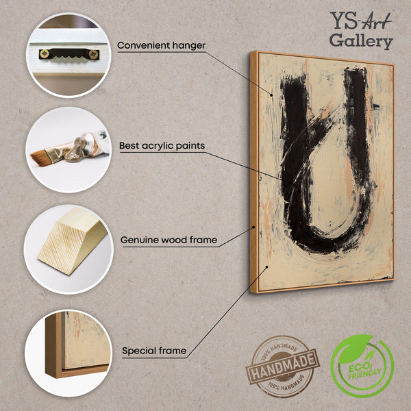 Pintura acrílica abstracta "Silencio en el medio" – Arte abstracto pintado a mano en beige y negro