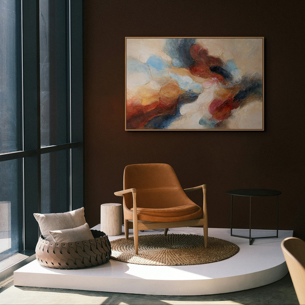 Cuadro acrílico pintado a mano con marco – Arte mural moderno en azul y rojo «Música en color»