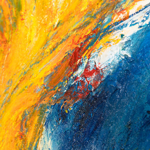 Expressives Acrylbild in Blau Rot – Abstrakte Wandkunst mit Rahmen „Verschmelzung der Energien“