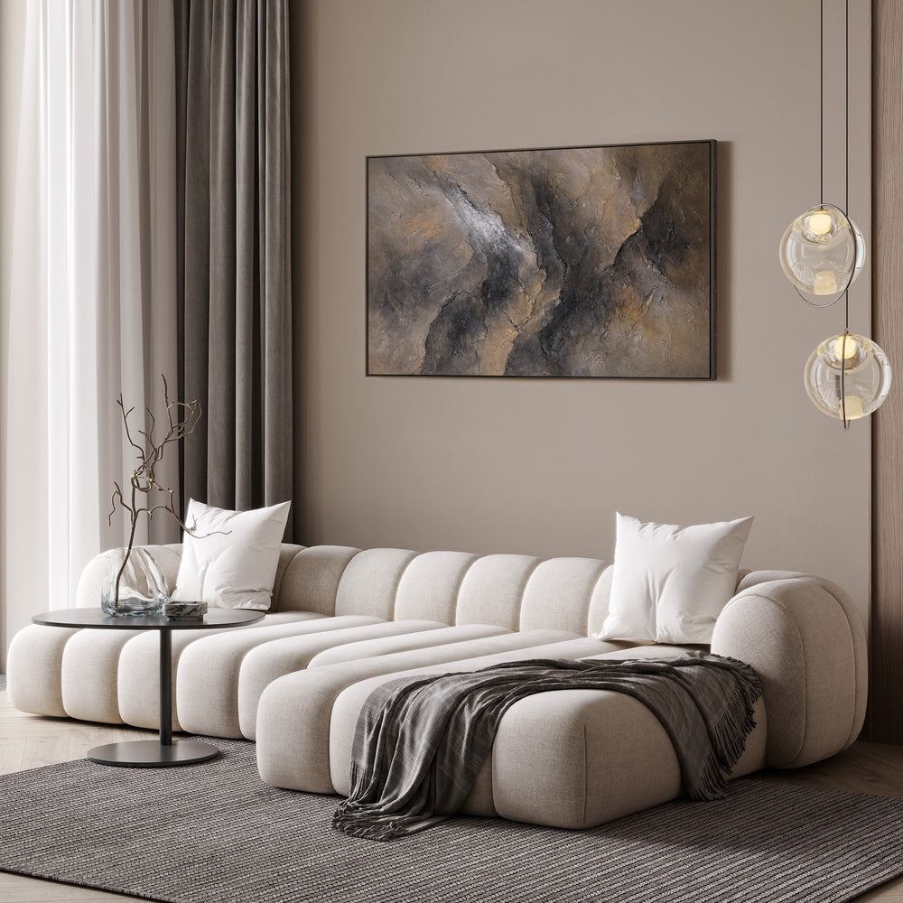 Cuadro abstracto en tonos tierra oscuros – Lienzo pintado a mano «Oscuridad y amanecer»