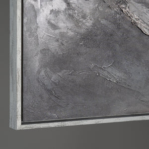 Cuadro acrílico abstracto moderno en gris: arte mural texturizado con marco «Memoria de las Rocas»