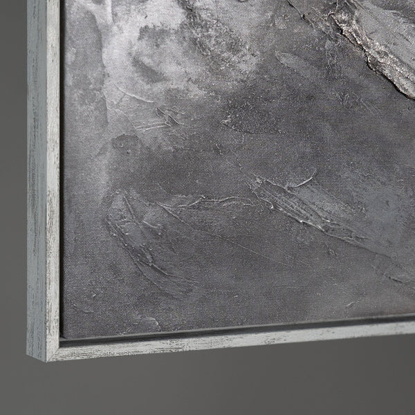 Cuadro acrílico abstracto moderno en gris: arte mural texturizado con marco «Memoria de las Rocas»