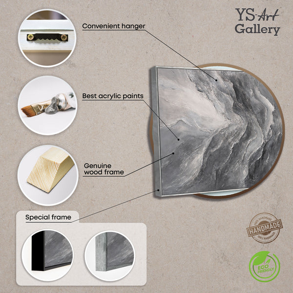 Cuadro acrílico abstracto moderno en gris: arte mural texturizado con marco «Memoria de las Rocas»