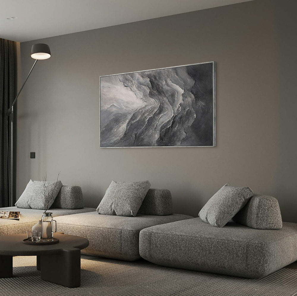 Cuadro acrílico abstracto moderno en gris: arte mural texturizado con marco «Memoria de las Rocas»