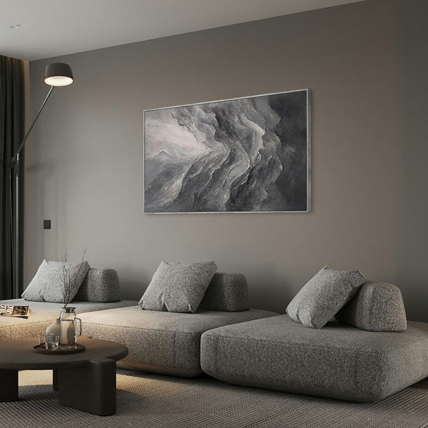 Cuadro acrílico abstracto moderno en gris: arte mural texturizado con marco «Memoria de las Rocas»