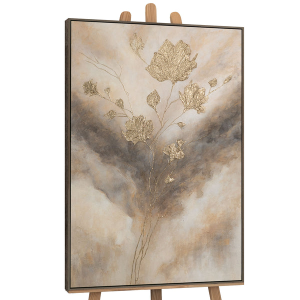 Lienzo enmarcado "Resplandores en las nubes" – Flores abstractas en tonos dorados