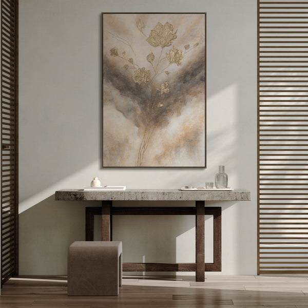 Lienzo enmarcado "Resplandores en las nubes" – Flores abstractas en tonos dorados