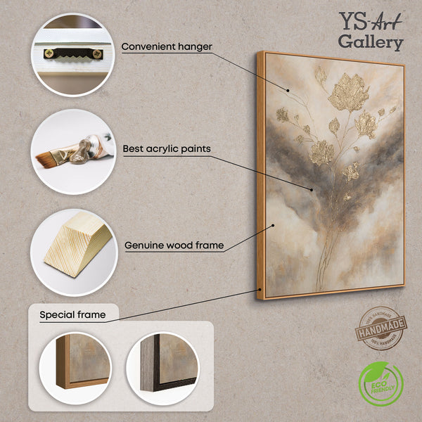 Lienzo enmarcado "Resplandores en las nubes" – Flores abstractas en tonos dorados