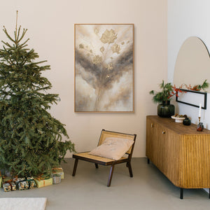 Lienzo enmarcado "Resplandores en las nubes" – Flores abstractas en tonos dorados