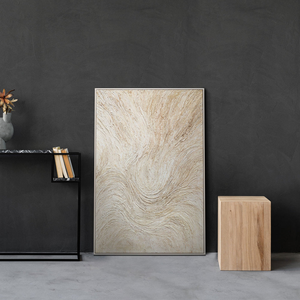 Cuadro enmarcado “Arroyo entre árboles” – Arte abstracto en tonos beige y crema