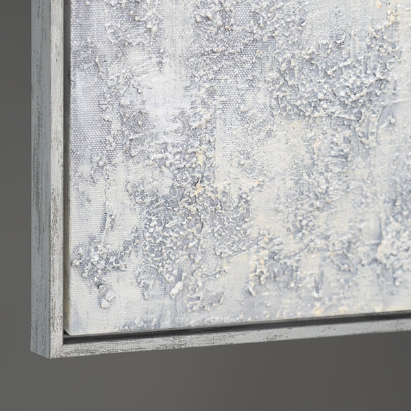 Cuadro acrílico pintado a mano con marco «Aliento de invierno» – Arte abstracto en blanco y negro