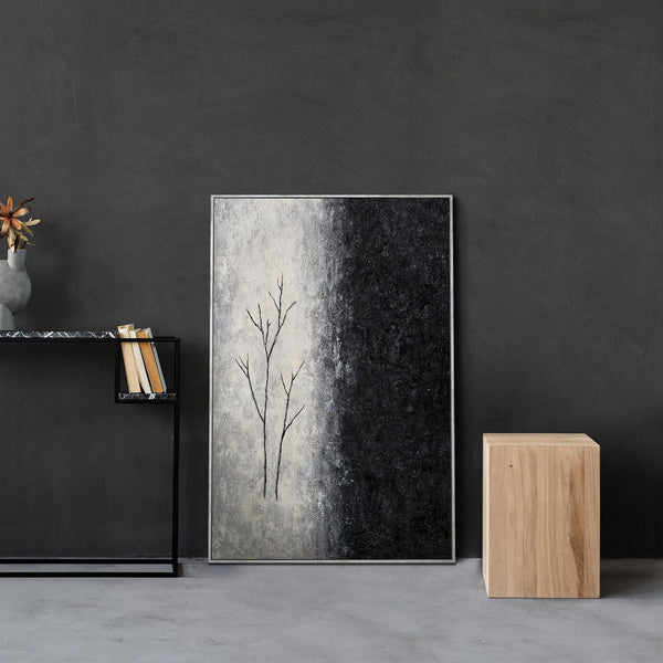 Cuadro acrílico pintado a mano con marco «Aliento de invierno» – Arte abstracto en blanco y negro