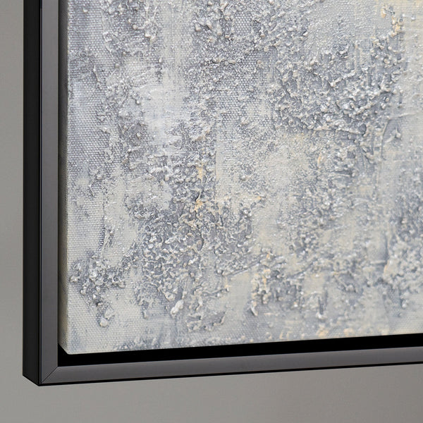 Cuadro acrílico pintado a mano con marco «Aliento de invierno» – Arte abstracto en blanco y negro