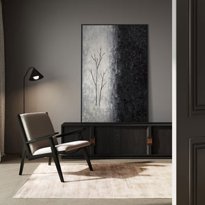 Cuadro acrílico pintado a mano con marco «Aliento de invierno» – Arte abstracto en blanco y negro