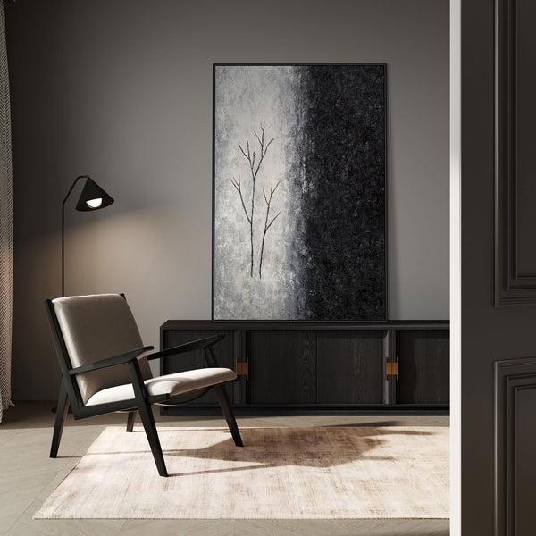 Cuadro acrílico pintado a mano con marco «Aliento de invierno» – Arte abstracto en blanco y negro