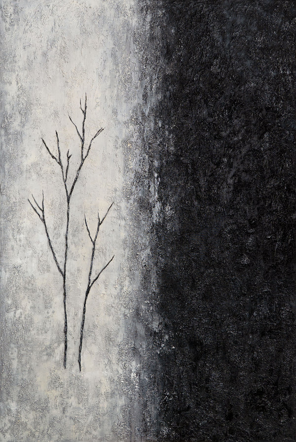 Cuadro acrílico pintado a mano con marco «Aliento de invierno» – Arte abstracto en blanco y negro