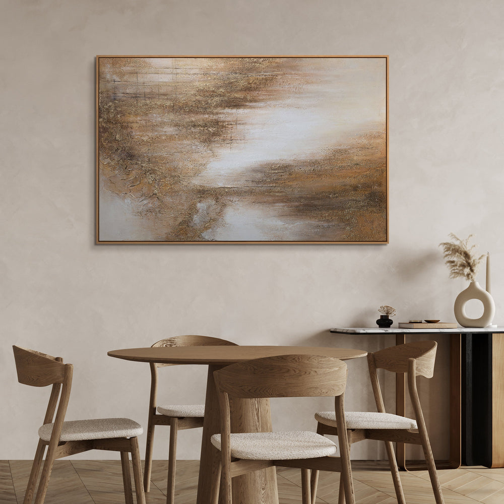 Abstraktes Leinwandbild in Braun, Ocker und Beige mit Struktur, modernes Wandbild im Esszimmer
