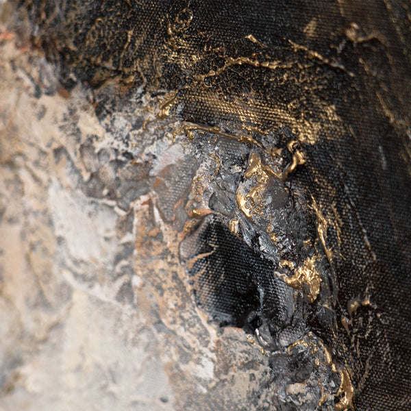 Abstrakte Strukturmalerei in Schwarz und Grau, Detailaufnahme auf Leinwand