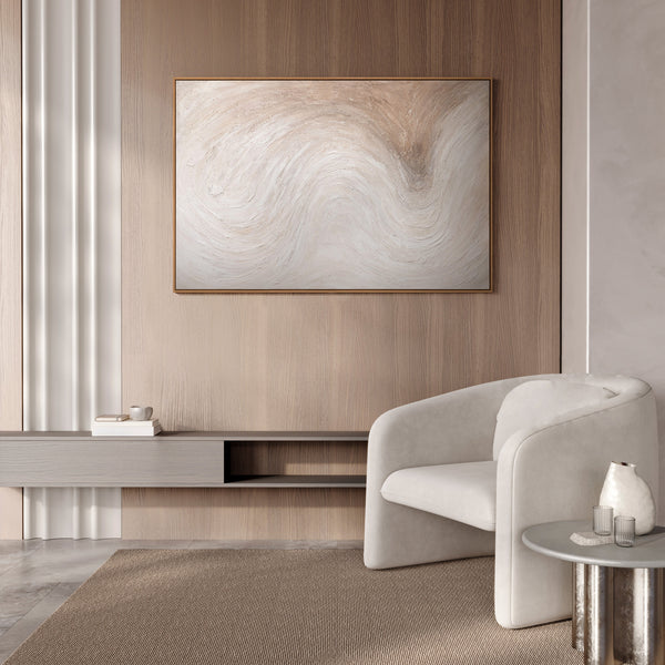 Cuadro abstracto en lienzo "Light Stream" en tonos naturales claros enmarcado.