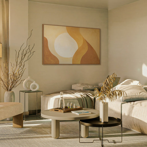 Arte abstracto tranquilo sobre lienzo enmarcado con luz "Abrazo del amanecer"