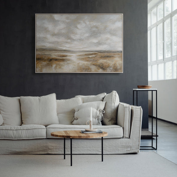 Lienzo enmarcado «Aliento de la estepa» – Paisaje pintado a mano en tonos naturales