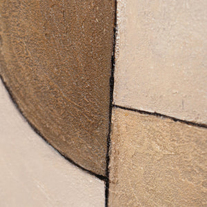 Pintura acrílica redonda «Ornamentos del Tiempo» – Arte estructural abstracto en tonos tierra