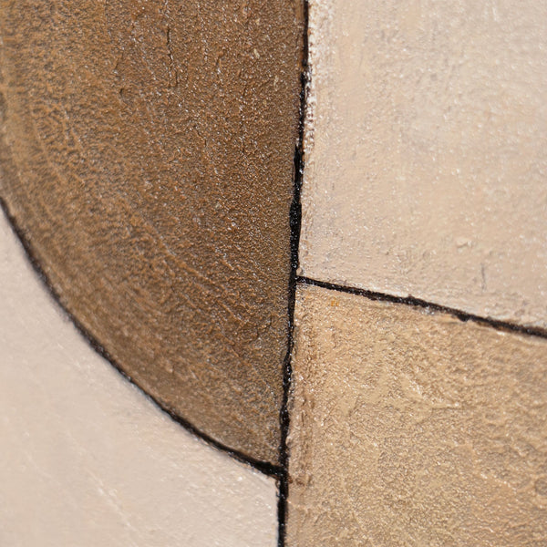 Pintura acrílica redonda «Ornamentos del Tiempo» – Arte estructural abstracto en tonos tierra