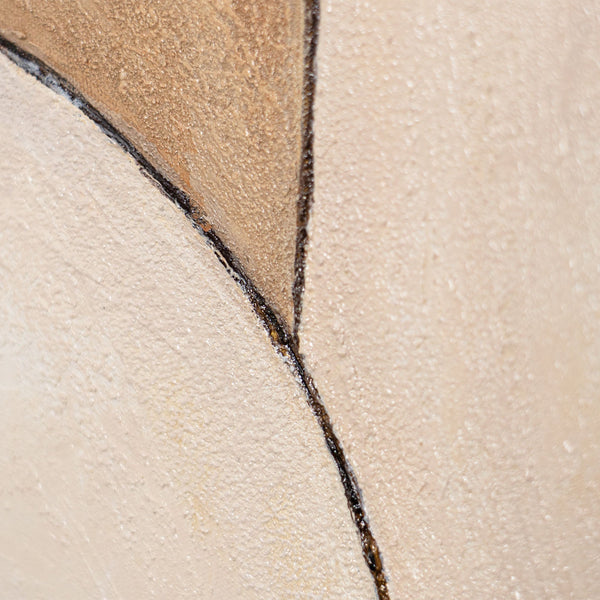 Pintura acrílica redonda «Ornamentos del Tiempo» – Arte estructural abstracto en tonos tierra