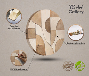 Pintura acrílica redonda «Ornamentos del Tiempo» – Arte estructural abstracto en tonos tierra