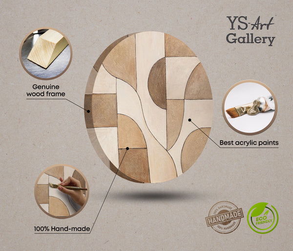 Pintura acrílica redonda «Ornamentos del Tiempo» – Arte estructural abstracto en tonos tierra