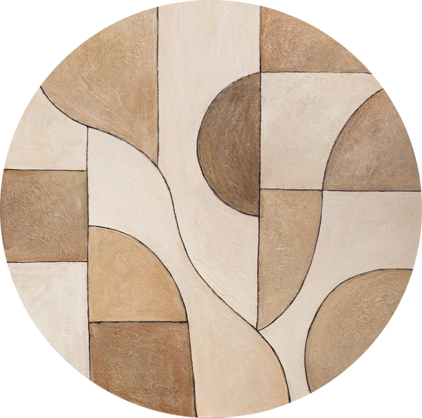 Pintura acrílica redonda «Ornamentos del Tiempo» – Arte estructural abstracto en tonos tierra