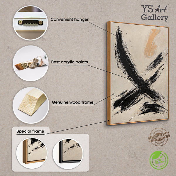 Lienzo enmarcado "El poder de la pincelada" – Arte abstracto pintado a mano en negro y beige
