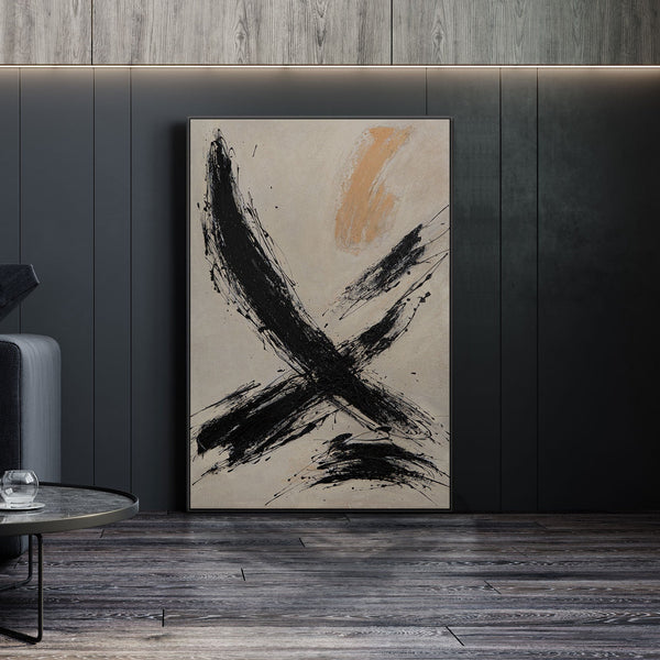 Lienzo enmarcado "El poder de la pincelada" – Arte abstracto pintado a mano en negro y beige