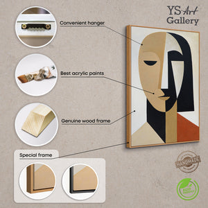 Cuadro acrílico pintado a mano con marco «Geometría del rostro» – Arte mural cubista sobre lienzo
