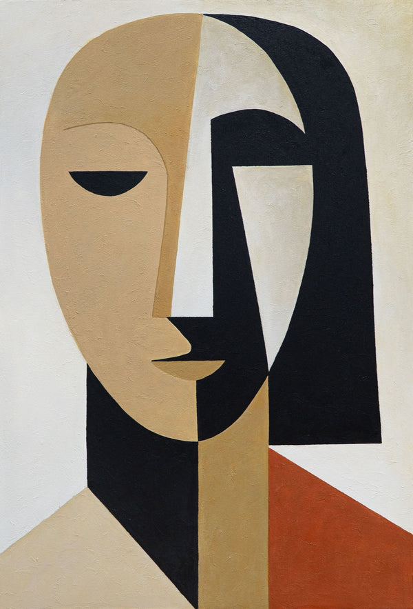 Cuadro acrílico pintado a mano con marco «Geometría del rostro» – Arte mural cubista sobre lienzo