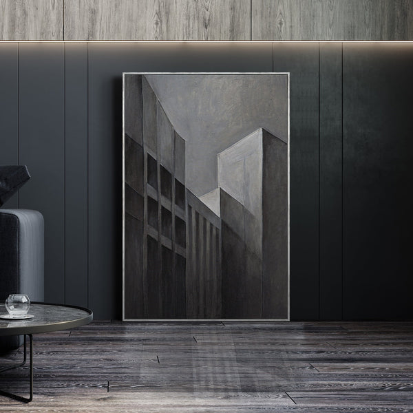Cuadro abstracto enmarcado “Paisajes urbanos” – Pintura acrílica moderna en gris y negro