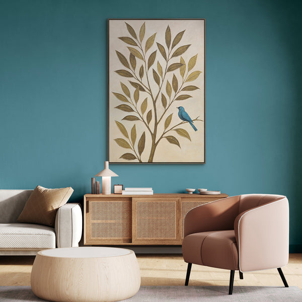 Decoración mural moderna «Susurro de las hojas» – pintura de naturaleza sobre lienzo con marco