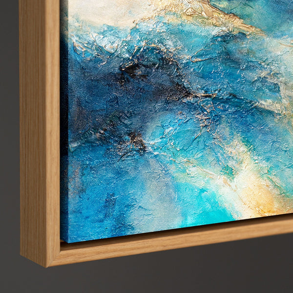 Cuadro pintado a mano en colores del océano – Arte acrílico expresivo con marco “Reflejo de las Olas”